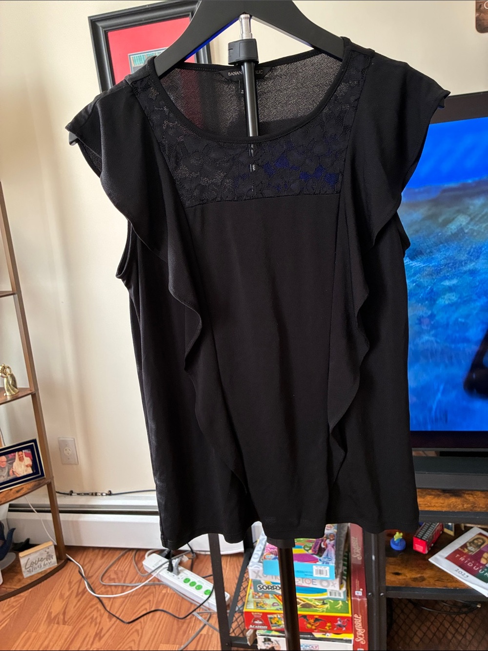 Banana Republic Black Lace Yoke Ruffle Sleeve Blouse